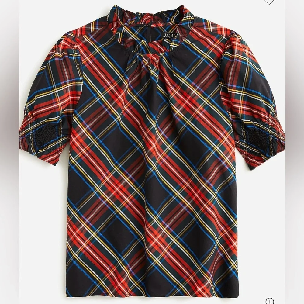 J.Crew Plaid Tartan Puff Sleeve Blouse Top XXS Cotton Holiday Preppy